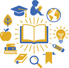 Education and learning concept with open book, glowing lightbulb, school icons, and knowledge elements in blue and yellow colors.