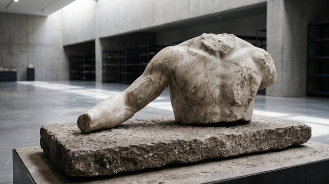 Fragmented ancient marble statue of a male torso on display. Classical sculpture resting on a stone slab in a modern museum gallery
