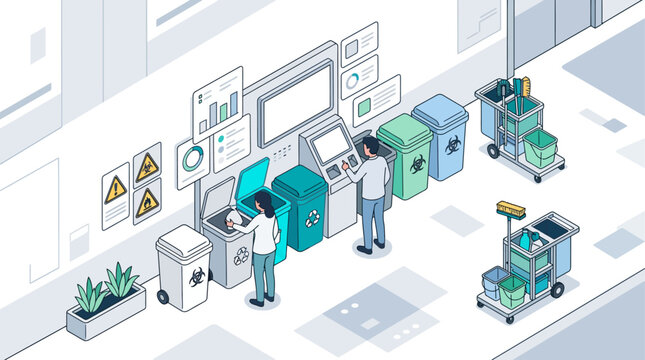 Isometric vector illustration of waste management and recycling sorting process in a modern office facility with data analytics dashboard