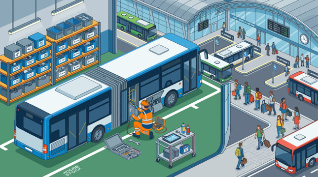 Isometric bus station terminal with mechanic repairing vehicle and passengers walking on platforms digital illustration for public transport logistics and urban infrastructure design