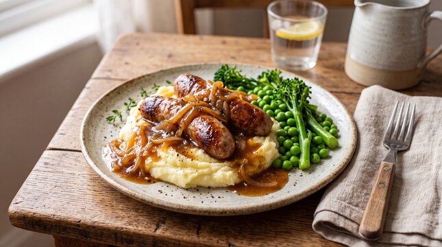 Sausages with mashed potatoes and gravy. Traditional bangers and mash with green vegetables.