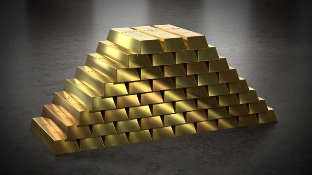 Stacked gold ingots - camera flying around - 3d 4k animation (3840 x 2160px)