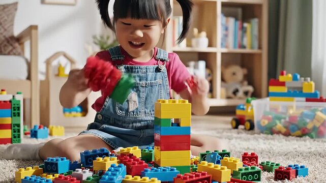Young Asian girl playing with colorful building blocks on carpet
