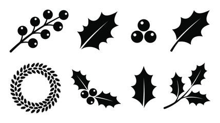Botanical holly leaf vector silhouette icon set with berry branch and circular winter foliage wreath © selena