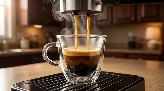 Espresso pouring into a glass cup from a coffee machine in a warm kitchen setting, illustrating fresh brewed coffee and morning routine.