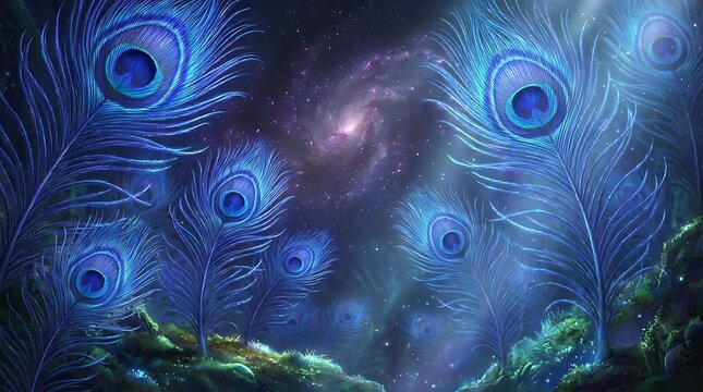 Fantasy illustration of glowing peacock feathers surrounding a mystical starry galaxy background, representing beauty, magic and cosmic elegance.