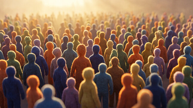 A large crowd of colorful stylized human figures standing together in a bright sunlit atmosphere representing diversity, community, and social unity.