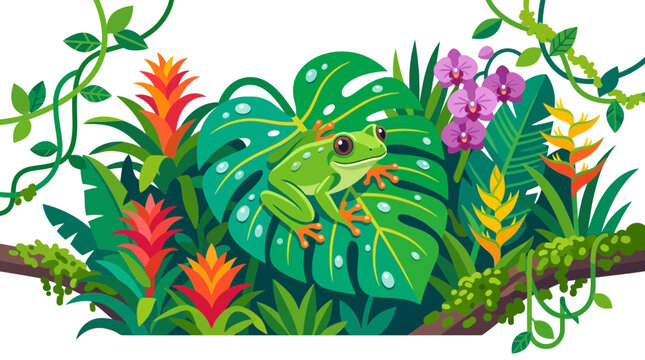 Vibrant tropical rainforest scene featuring a red-eyed tree frog perched on a large leaf surrounded by lush greenery and colorful exotic flowers
