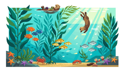 Obraz premium Underwater otter family plays in kelp forest with colorful fish and starfish