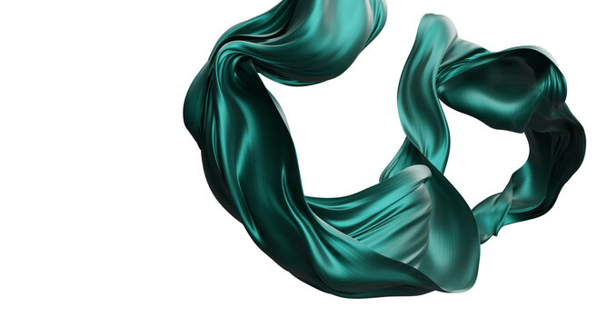 Luxury emerald green silk fabric flowing isolated on transparent background with copy space 3D render