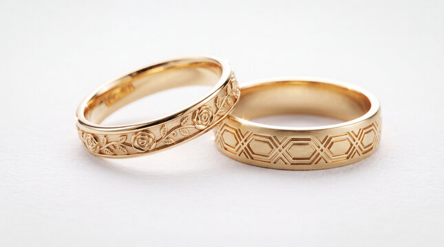 Two elegant gold wedding bands with intricate floral rose patterns and geometric hexagon designs resting on a clean white surface for a romantic celebration