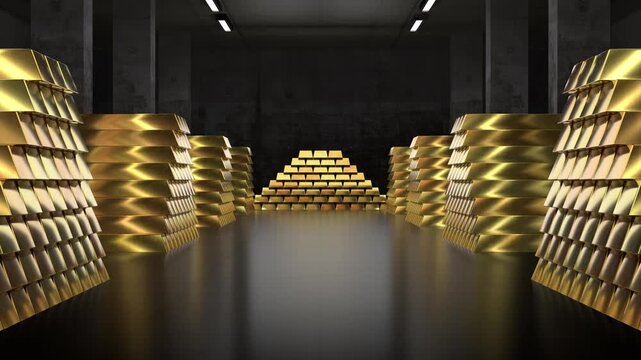 Vault full of gold ingots - camera moving forward - 3d 4k animation (3840 x 2160px)