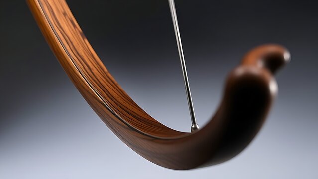 Close-up of a longbow's curved limb and taut string, showcasing detailed wood grain.