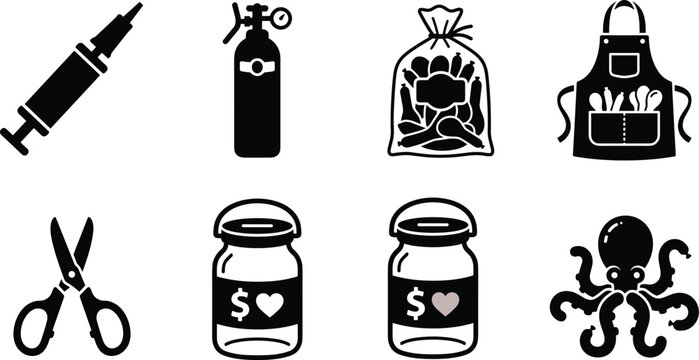 Balloon artist equipment and party entertainer tools vector icon set with pump, helium tank, and tip jar