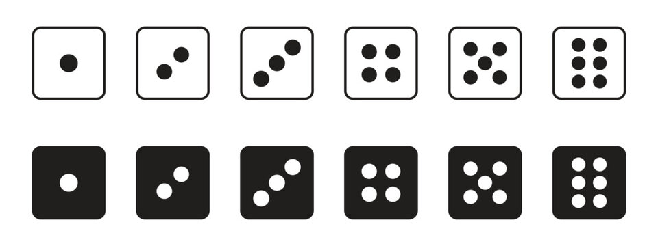 Dice Faces Icon Set in Outline and Solid Style Black Vector Collection Isolated on Transparent Background