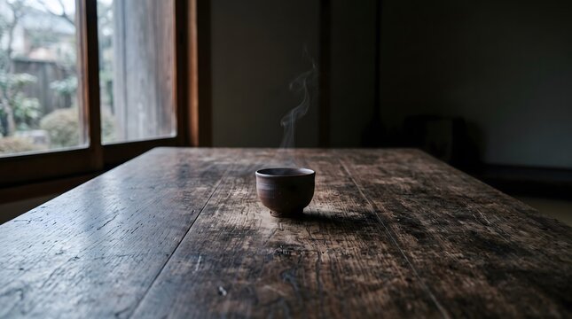 Single Clay Tea Cup Empty Wooden Table Steam Loneliness Isolation Quiet Concept