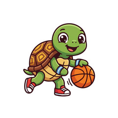 Obraz premium Cute cartoon turtle playing basketball with a ball, vector illustration of a happy animal athlete character wearing sneakers on white background