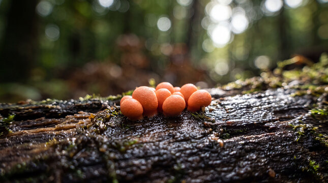 Small orange mushrooms growing on a wet decaying log in a lush green forest during the daytime with soft sunlight bokeh background