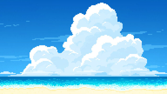 ドット絵　入道雲のある真夏の海辺の風景　浜辺　海水浴　ピクセル　背景イラスト