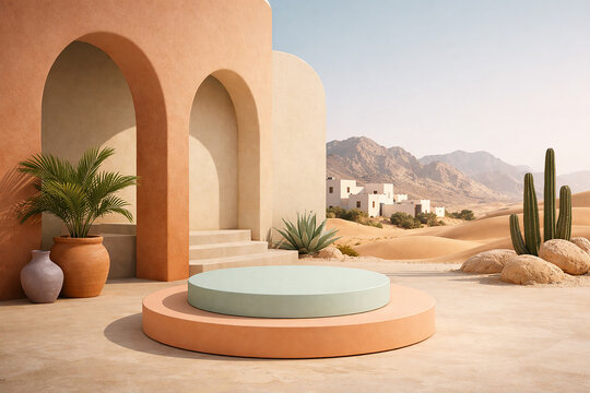 Terracotta Arch Podium with Desert Landscape and Cactus