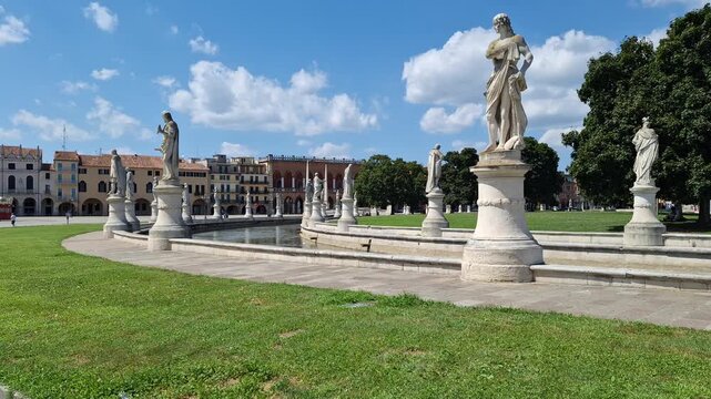 Still shot of Prato della Valle marble white statues in Padua, Veneto, Italy

