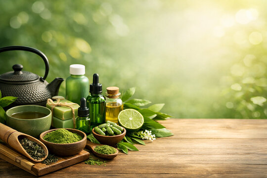 Natural Herbal Skincare and Green Tea Wellness Products on Wood