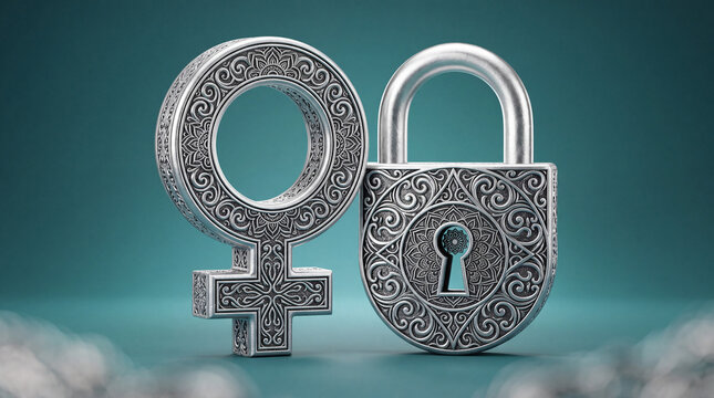 Ornate silver female gender symbol and decorative padlock with intricate filigree patterns on a teal background representing women's security and rights