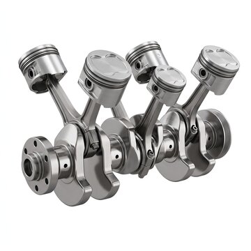 High detail steel V4 engine crankshaft with pistons and connecting rods isolated on white