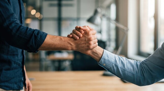 Two businessmen firm handshake in modern office environment for corporate partnership agreement and successful project collaboration