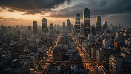 Obraz premium Aerial view of a bustling metropolis at dusk. Skyscrapers tower over dense urban streets illuminated by city lights under a moody, cloudy sunset sky. Concept of urban life and development.