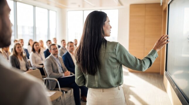 Female professional leading corporate presentation in bright conference room for business seminar and executive team workshop training
