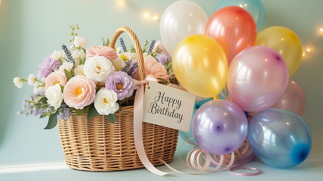 Wicker basket filled with beautiful spring flowers and colorful birthday party balloons