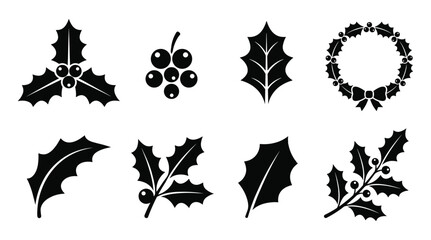 Christmas holly vector silhouette icons set with berry sprigs bow wreath and individual botanical leaves © selena