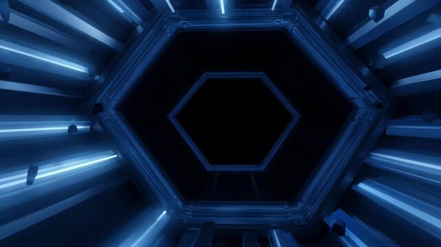 Futuristic Hexagonal Sci Fi Tunnel With Glowing Blue Neon Lights