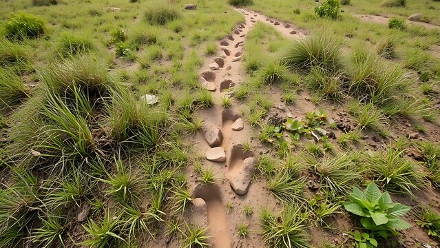 Grassland after an elephant herd passage, deep footprints and trampled plants, textured ground.