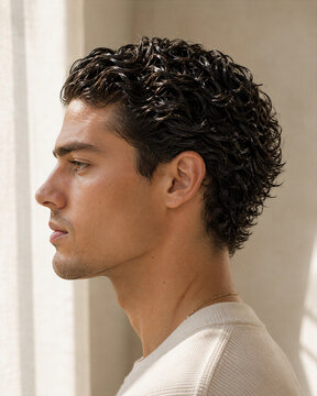 Profile view of a young man with curly hair looking thoughtfully to the side