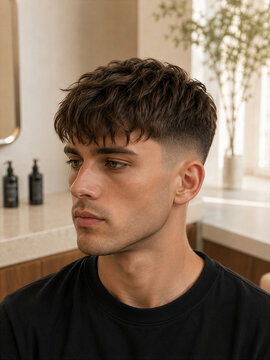 Young man with stylish haircut sitting in a modern salon