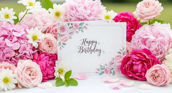 Blank white card surrounded by beautiful pink flowers for wedding invitation background