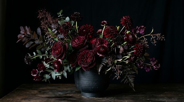 Moody floral arrangement with dark red roses in a black ceramic vase
