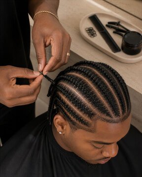 A person styling braided hair at a salon