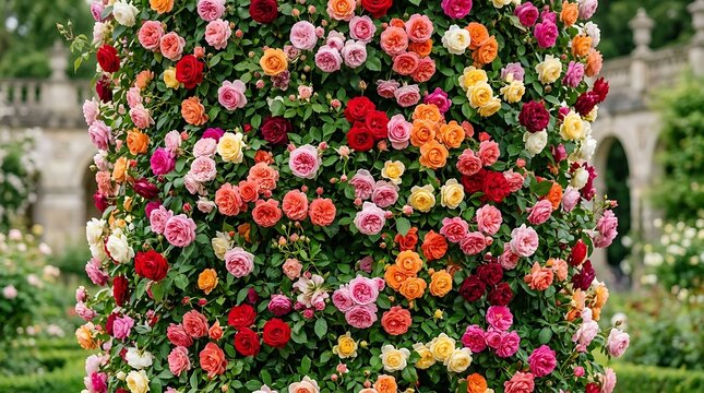 A vibrant vertical pillar covered in many colorful blooming roses in a garden