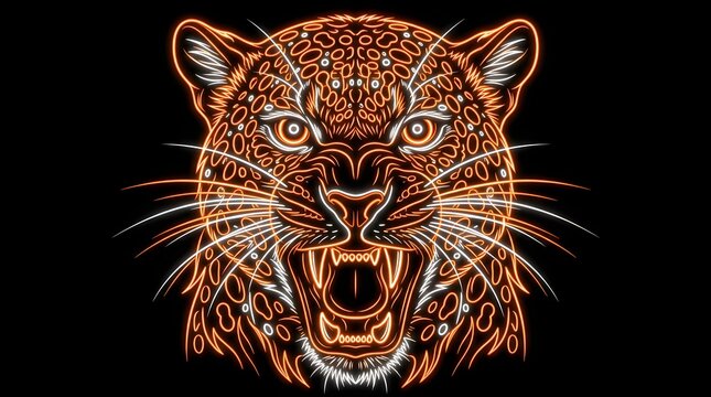 Aggressive leopard head portrait with glowing orange neon intricate tribal pattern
