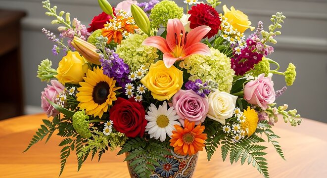 A vibrant and colorful floral arrangement featuring a variety of seasonal blooms