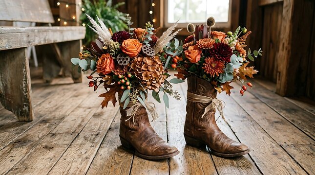 Rustic wedding floral arrangements inside vintage leather cowboy boots on wooden floor