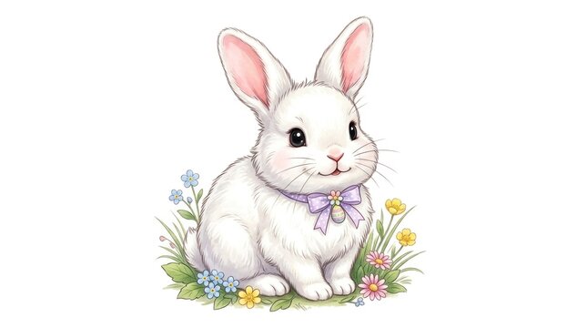 A cute white rabbit with pink ears and a pink bow, sitting on a grassy patch with flowers and green leaves in the background.