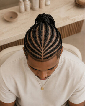 Man with braided hairstyle sitting in a modern interior