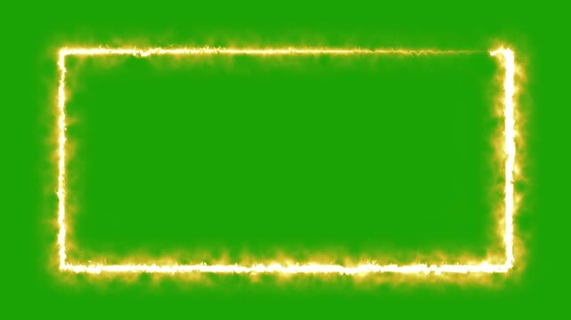 Burning Fire Frame rectangle Border with Realistic Flames on green Background. lowing rectangle banner with electric lightning energy sparks 4k