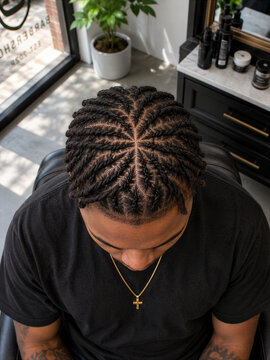 Man with braided hairstyle sitting in a salon chair
