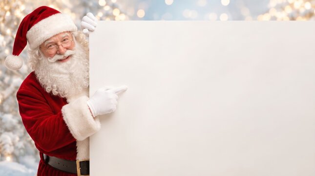 Smiling Santa Claus in a traditional red suit points at a large blank white sign against a softly blurred festive winter background with glowing Christmas lights