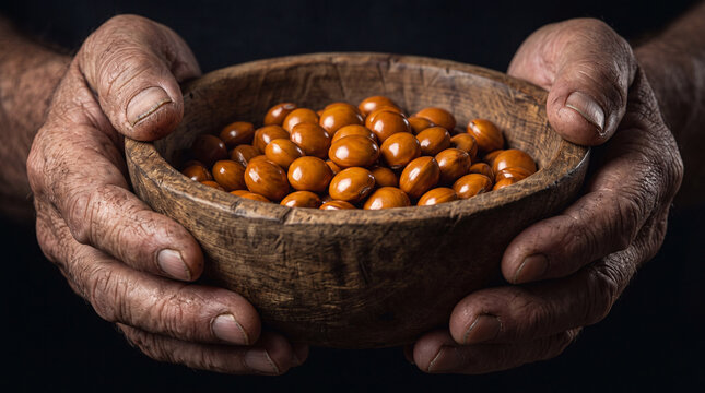 Close up of elderly wrinkled hands holding a rustic wooden bowl filled with small brown round seeds or nuts against a dark background